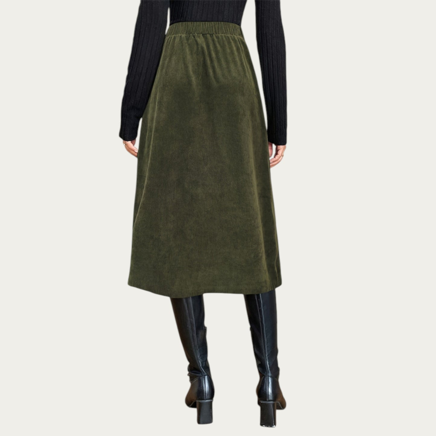 Button Front Corduroy Midi Skirt with Structured Patch Pockets and Soft Textured Fabric for a Clean Tailored Look