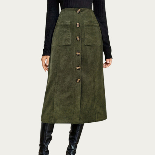 Button Front Corduroy Midi Skirt with Structured Patch Pockets and Soft Textured Fabric for a Clean Tailored Look