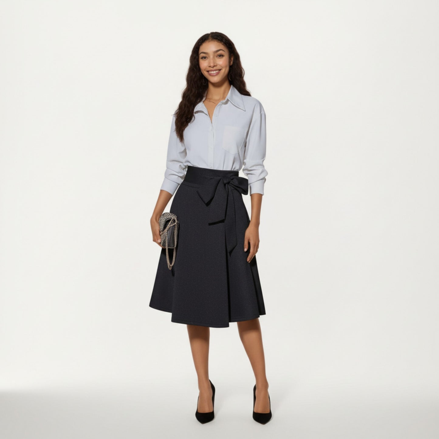 Flared Midi Skirt with Structured High Waist and Oversized Bow Detail Creating a Smooth Draped Silhouette