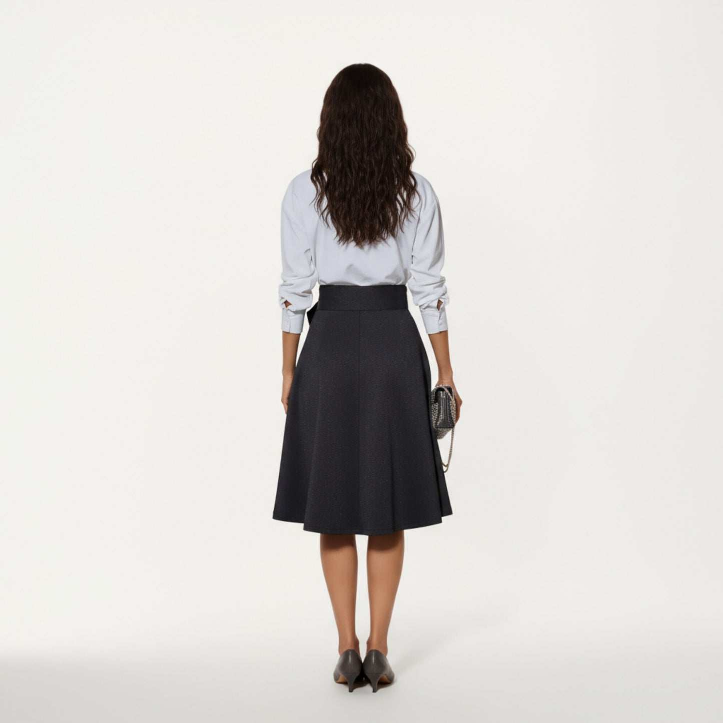 Flared Midi Skirt with Structured High Waist and Oversized Bow Detail Creating a Smooth Draped Silhouette