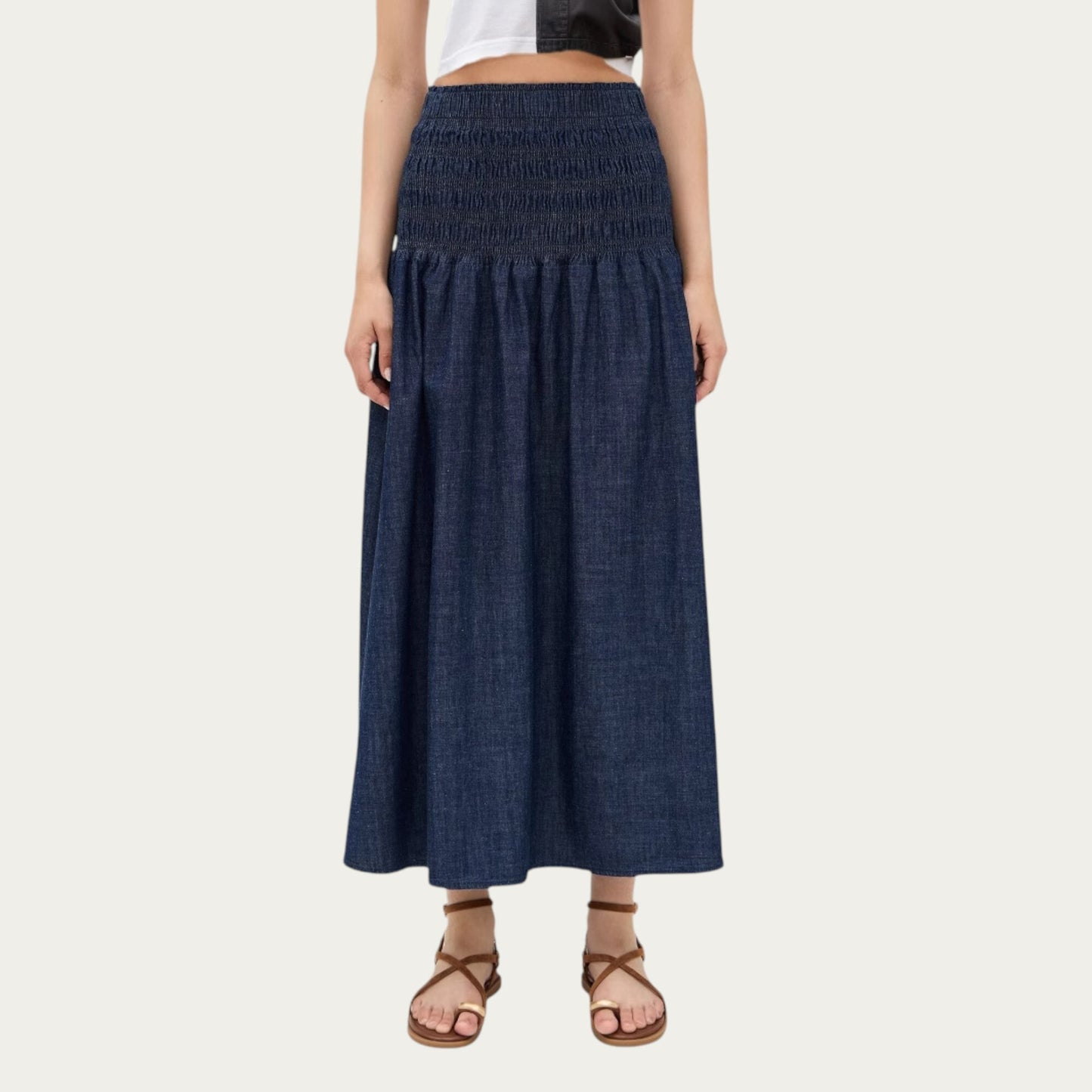 Denim Maxi Skirt with Smocked Waist Detail and Soft Structured A-Line Shape for Comfortable Movement and Flattering Drape