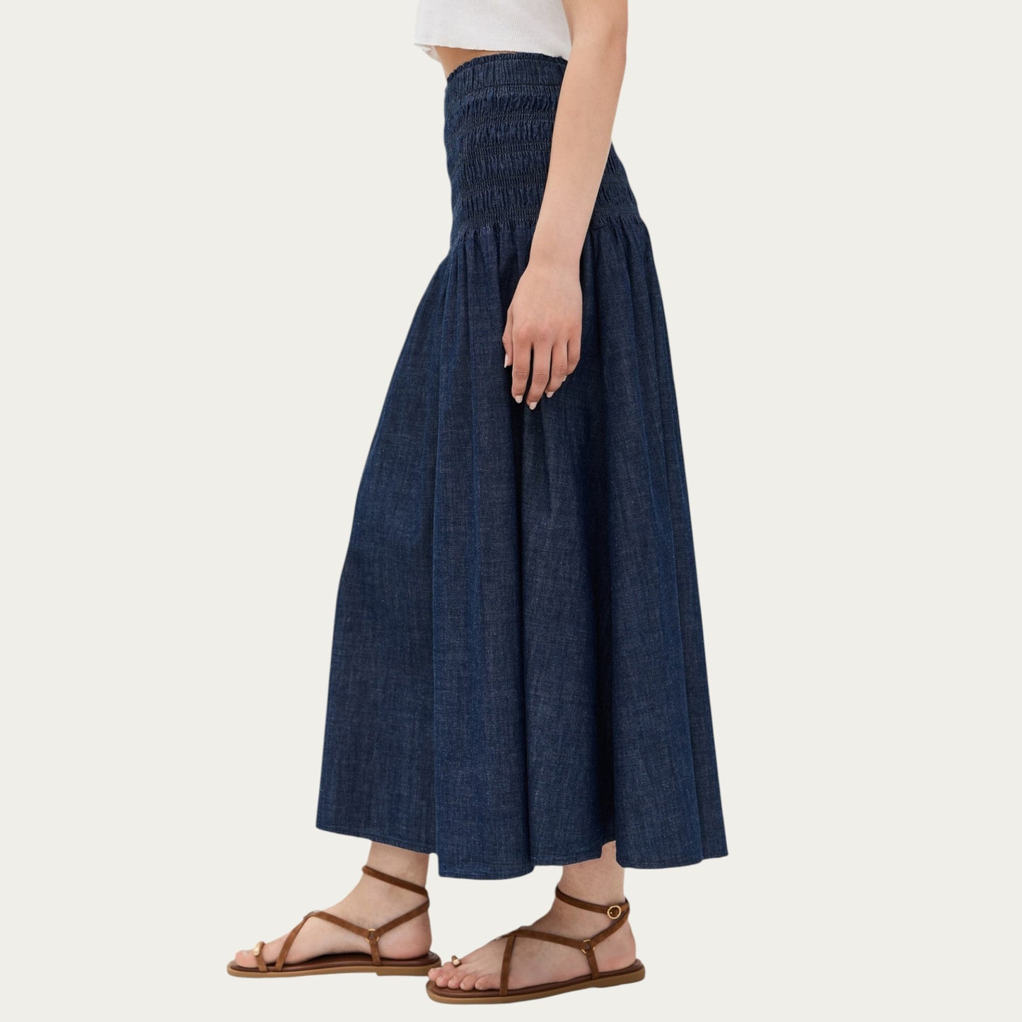 Denim Maxi Skirt with Smocked Waist Detail and Soft Structured A-Line Shape for Comfortable Movement and Flattering Drape