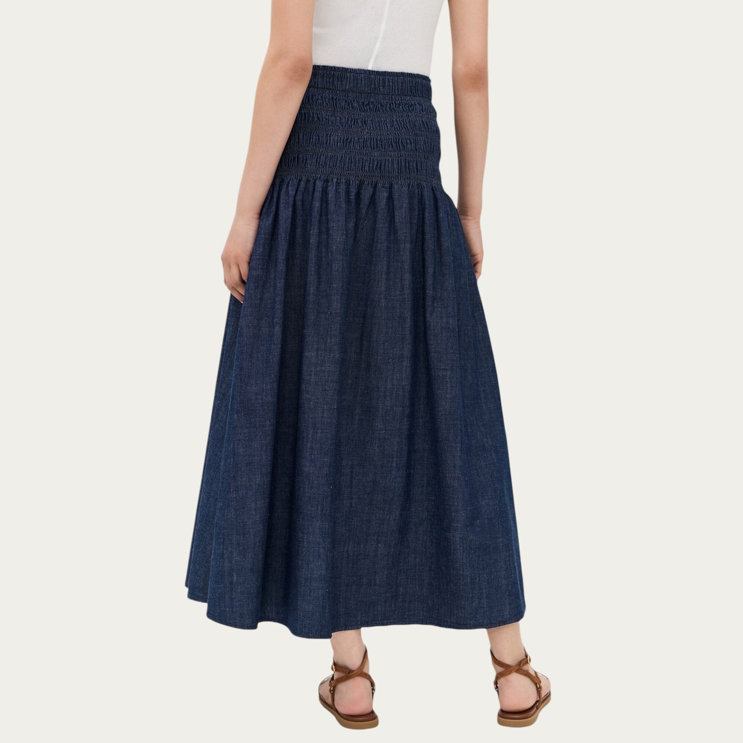 Denim Maxi Skirt with Smocked Waist Detail and Soft Structured A-Line Shape for Comfortable Movement and Flattering Drape