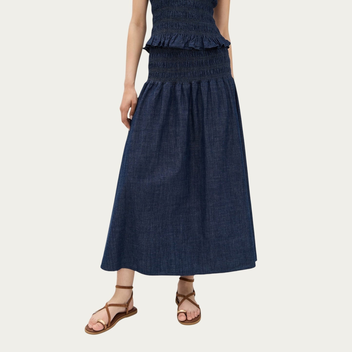 Denim Maxi Skirt with Smocked Waist Detail and Soft Structured A-Line Shape for Comfortable Movement and Flattering Drape