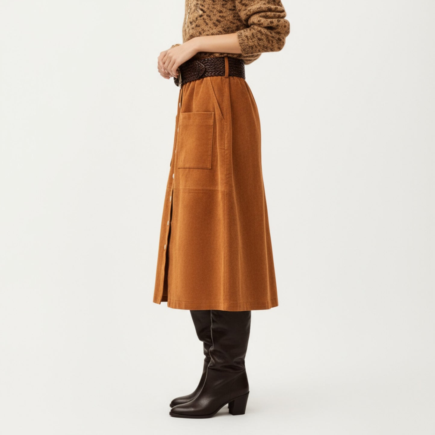 Button Front Midi Skirt with Soft Corduroy Texture, Structured Patch Pockets and Flattering A-Line Shape for Easy Movement