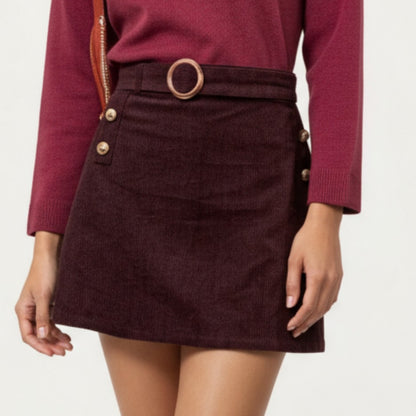 Corduroy Mini Skirt with Belted Waistband, Side Button Accents, and Soft Structured A-Line Silhouette for Everyday Style