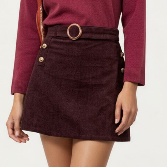 Corduroy Mini Skirt with Belted Waistband, Side Button Accents, and Soft Structured A-Line Silhouette for Everyday Style