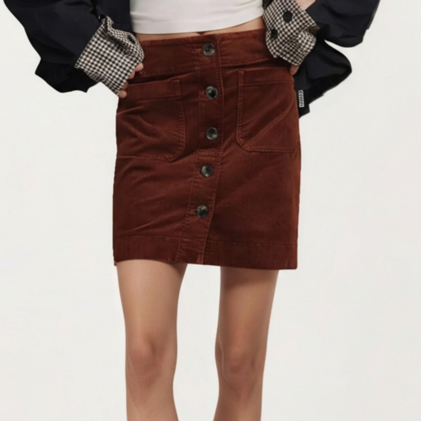 Button Front Corduroy Mini Skirt with Structured Patch Pockets and Clean Straight Hem for a Modern Textured Look