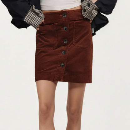 Button Front Corduroy Mini Skirt with Structured Patch Pockets and Clean Straight Hem for a Modern Textured Look
