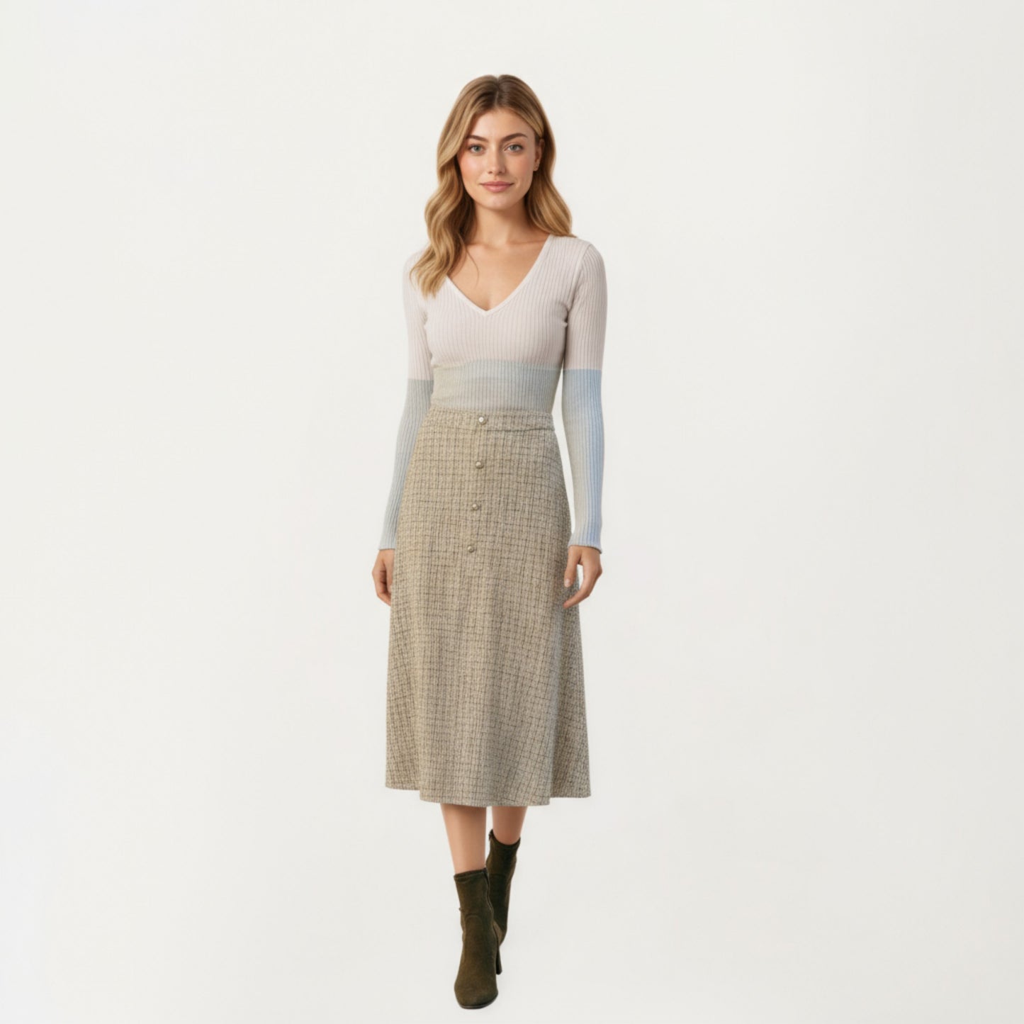 Textured A-Line Midi Skirt with Soft Woven Feel, Front Pearl Button Accents and Smooth Flowing Silhouette