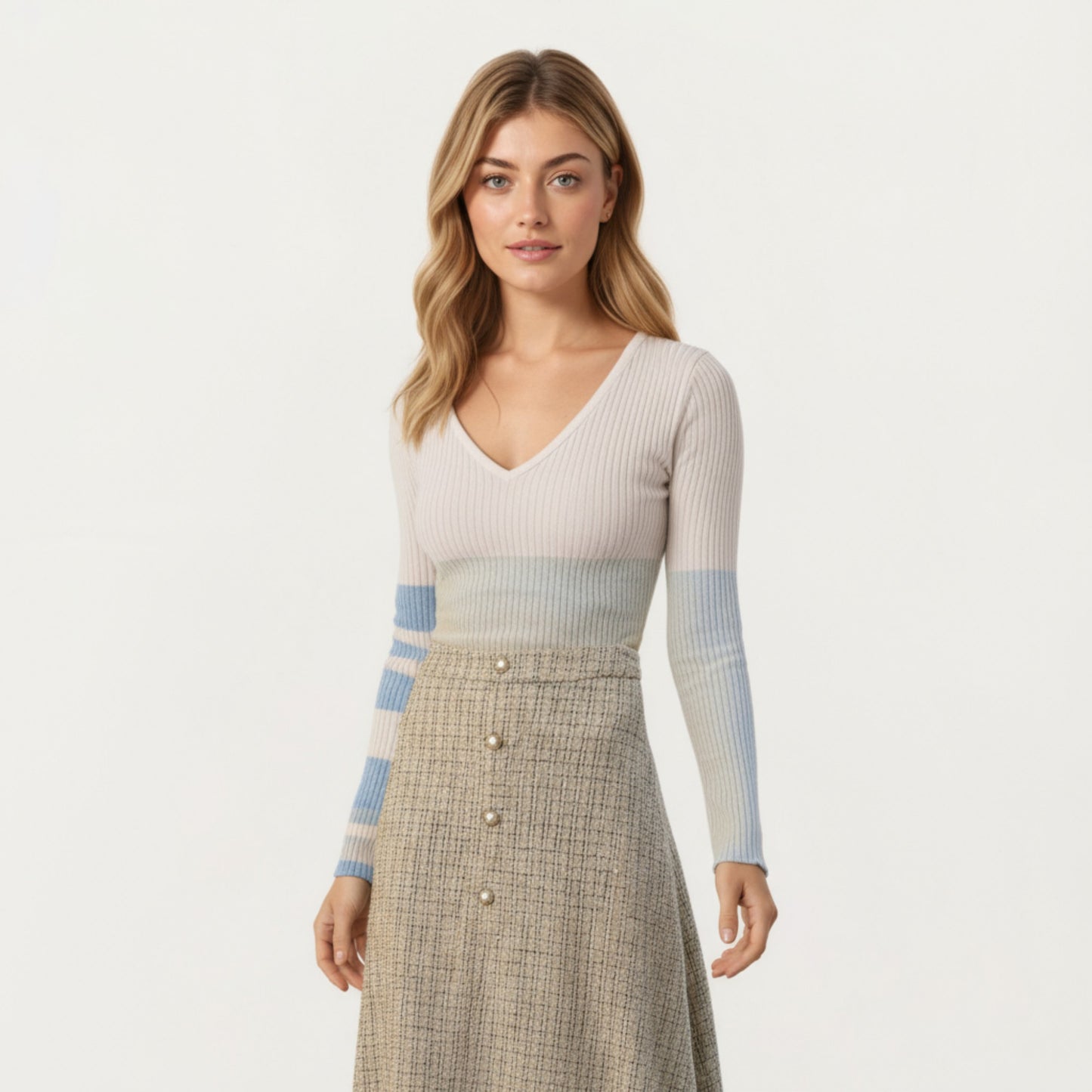 Textured A-Line Midi Skirt with Soft Woven Feel, Front Pearl Button Accents and Smooth Flowing Silhouette