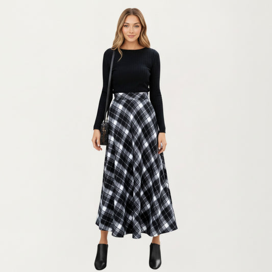Plaid Maxi Skirt with Soft Flowing Drape, Flattering A-Line Silhouette, and Comfortable Stretch Waistband Detail