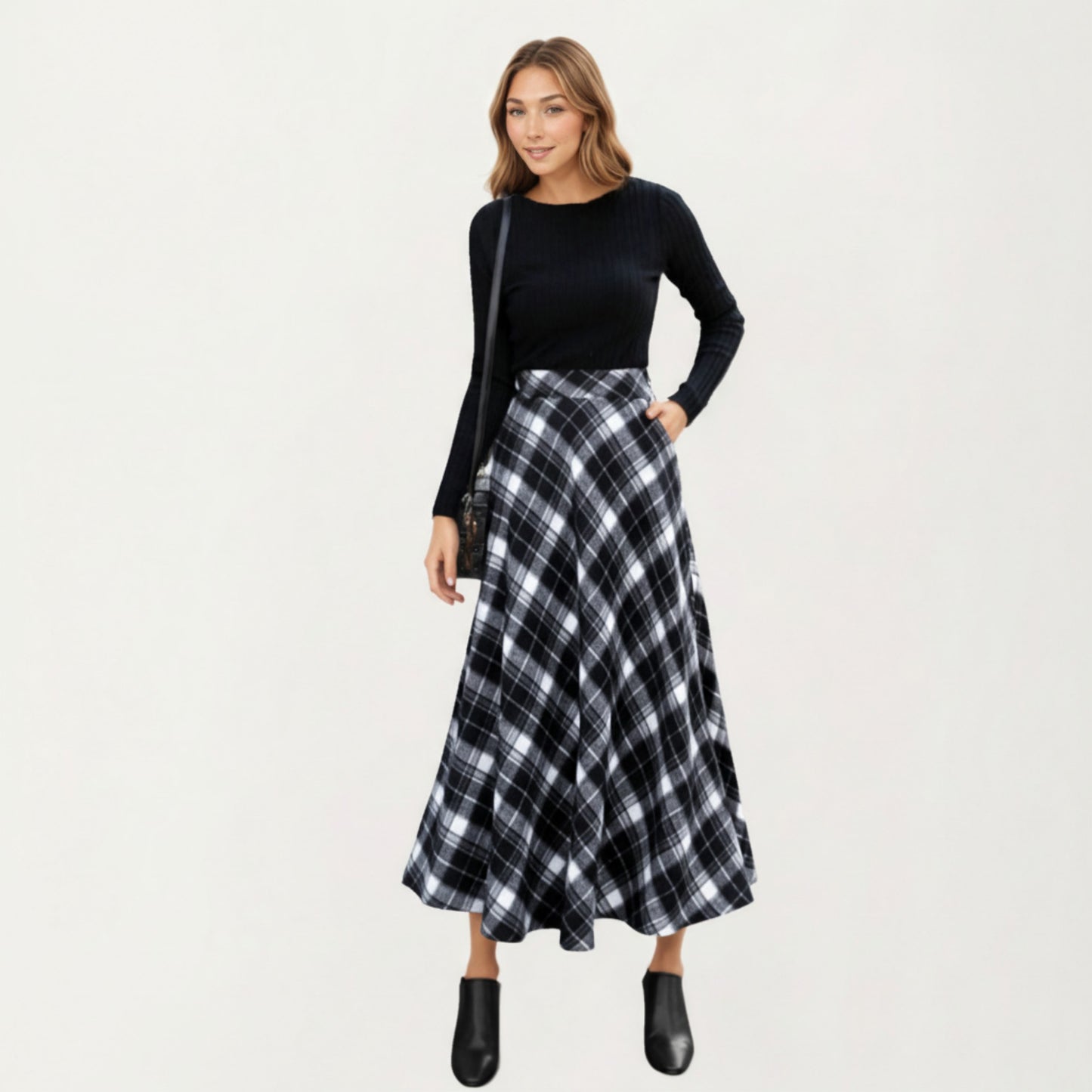 Plaid Maxi Skirt with Soft Flowing Drape, Flattering A-Line Silhouette, and Comfortable Stretch Waistband Detail