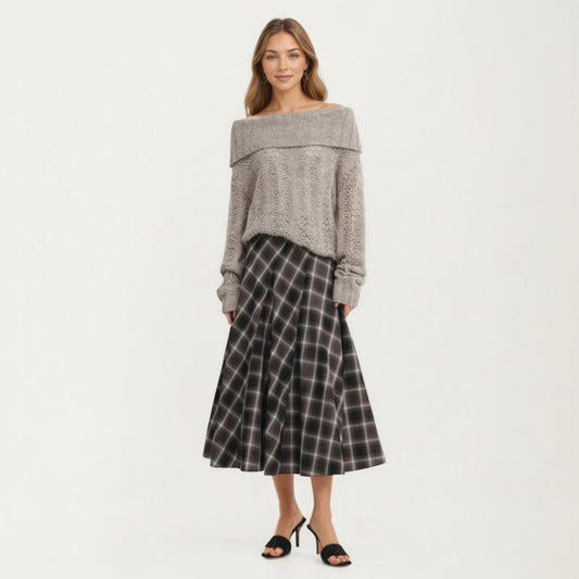 Plaid Midi Skirt with Soft Full-Length A-Line Silhouette and Gentle Pleated Movement for a Flattering Everyday Shape
