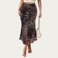 Leopard Print Mid-Length A-Line Skirt with Satin-Like Texture and a Soft Flowing Draped Silhouette
