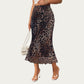 Leopard Print Mid-Length A-Line Skirt with Satin-Like Texture and a Soft Flowing Draped Silhouette