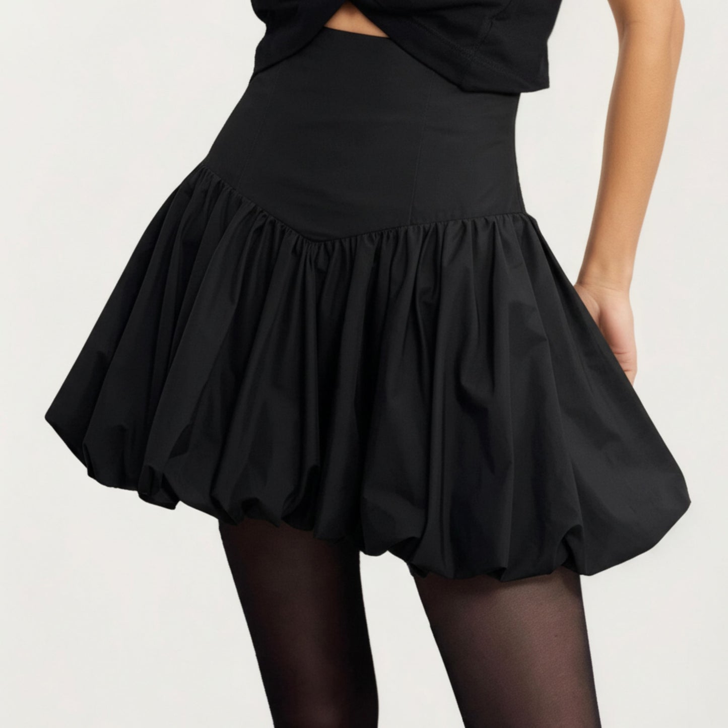 High Waist Bubble Mini Skirt with Voluminous Gathered Silhouette and Soft Structured Fabric