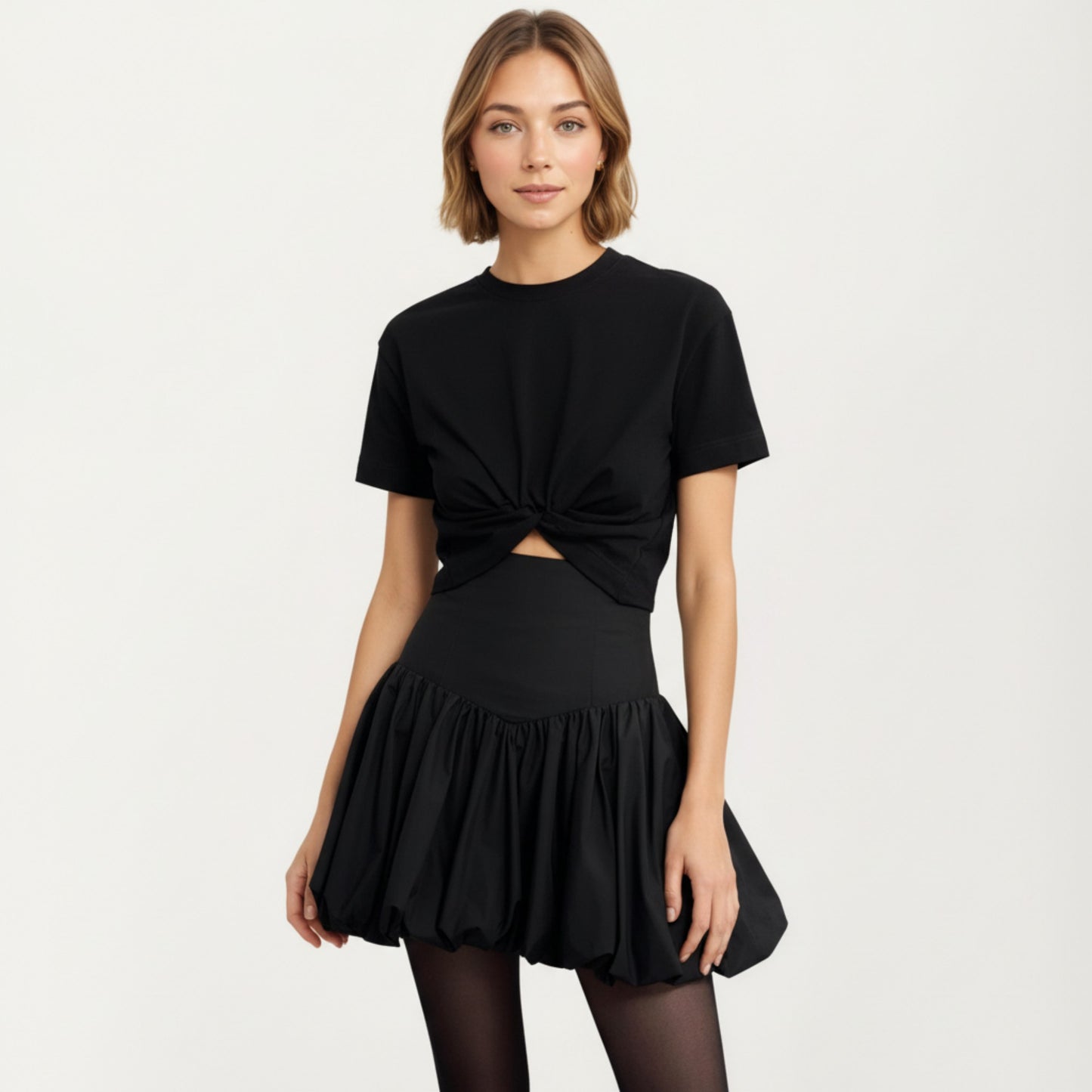 High Waist Bubble Mini Skirt with Voluminous Gathered Silhouette and Soft Structured Fabric