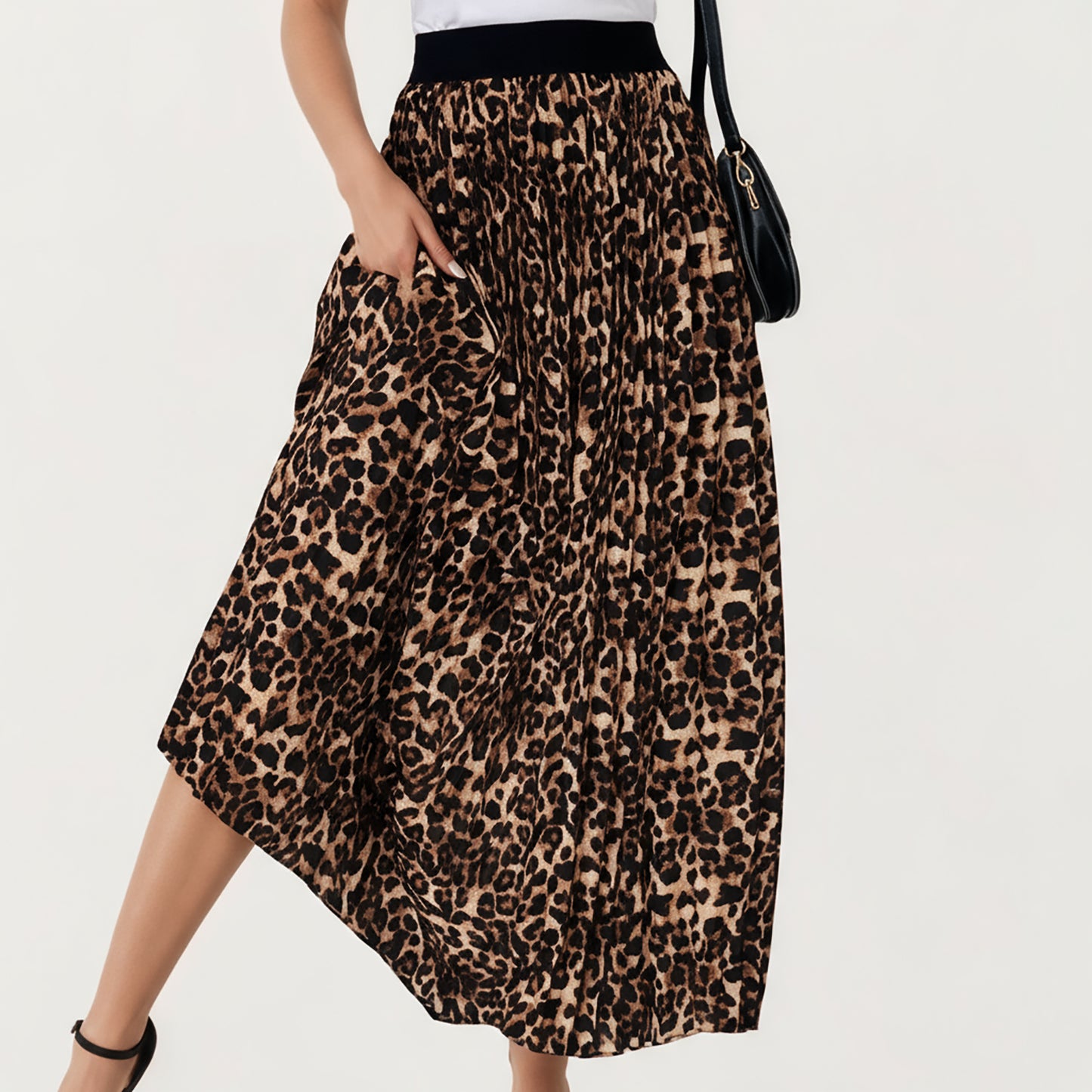 Leopard Print Midi Skirt with Soft Flowing Pleated Texture and Comfortable Stretch Waistband for Effortless Movement