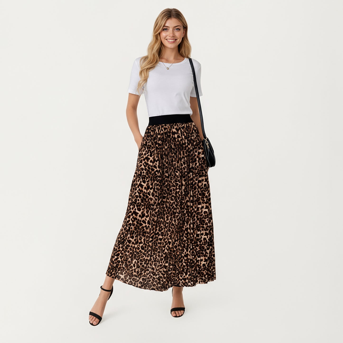 Leopard Print Midi Skirt with Soft Flowing Pleated Texture and Comfortable Stretch Waistband for Effortless Movement