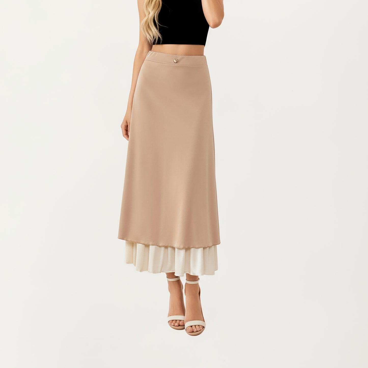 Layered Midi Skirt with Smooth Satin Finish Soft Flowing Silhouette and Elegant Dual-Layer Hem Detail