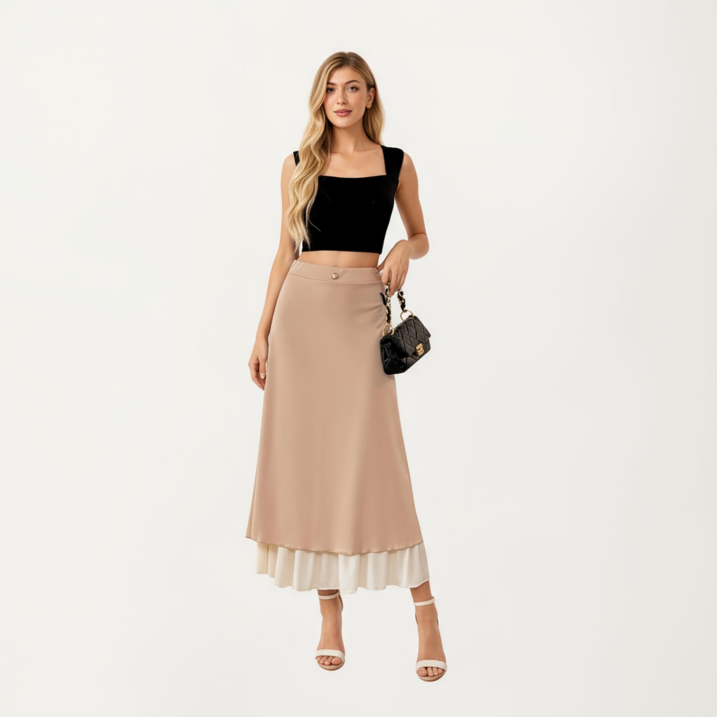 Layered Midi Skirt with Smooth Satin Finish Soft Flowing Silhouette and Elegant Dual-Layer Hem Detail
