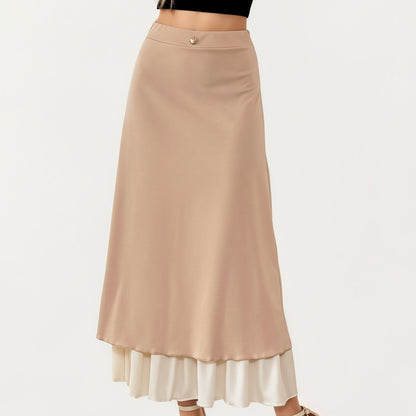 Layered Midi Skirt with Smooth Satin Finish Soft Flowing Silhouette and Elegant Dual-Layer Hem Detail