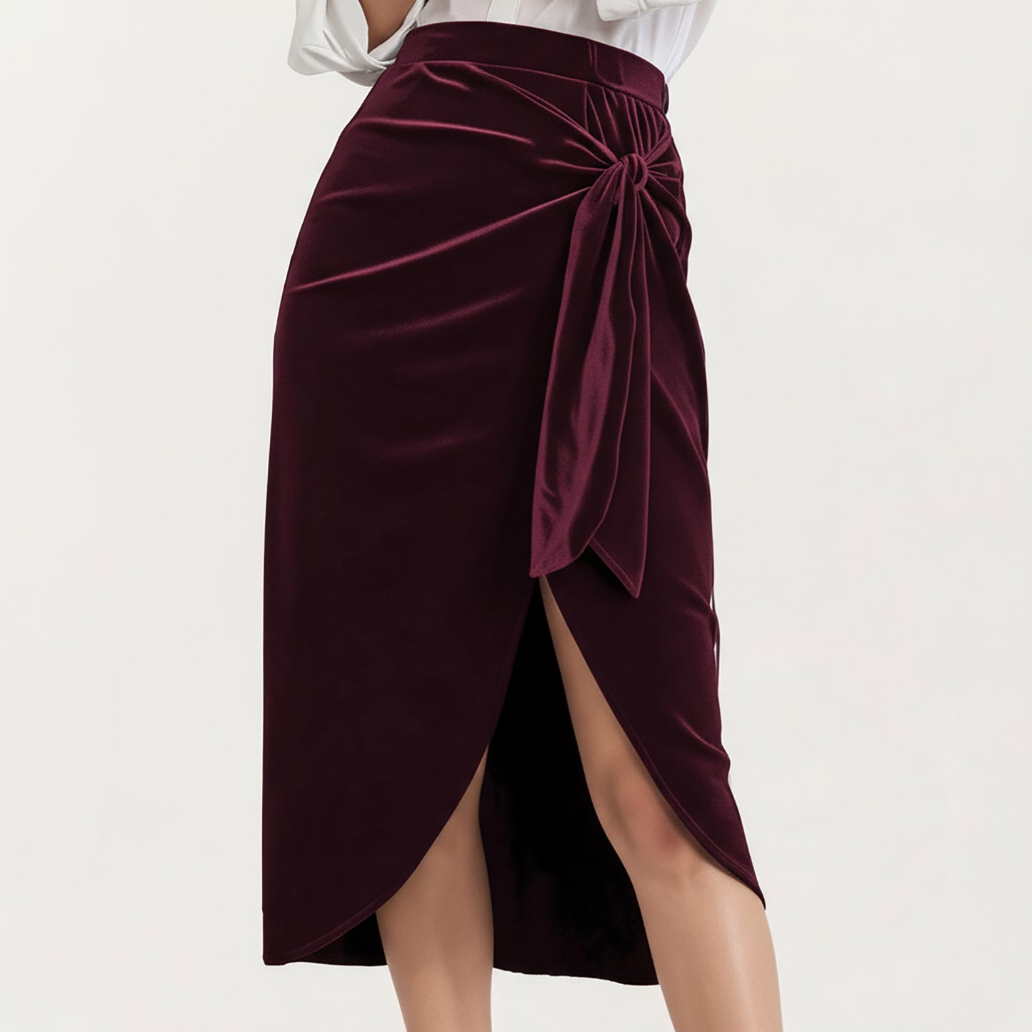 Velvet Wrap Midi Skirt with Soft Draped Texture Elegant Side Tie Detail and Flattering Overlap Front Silhouette