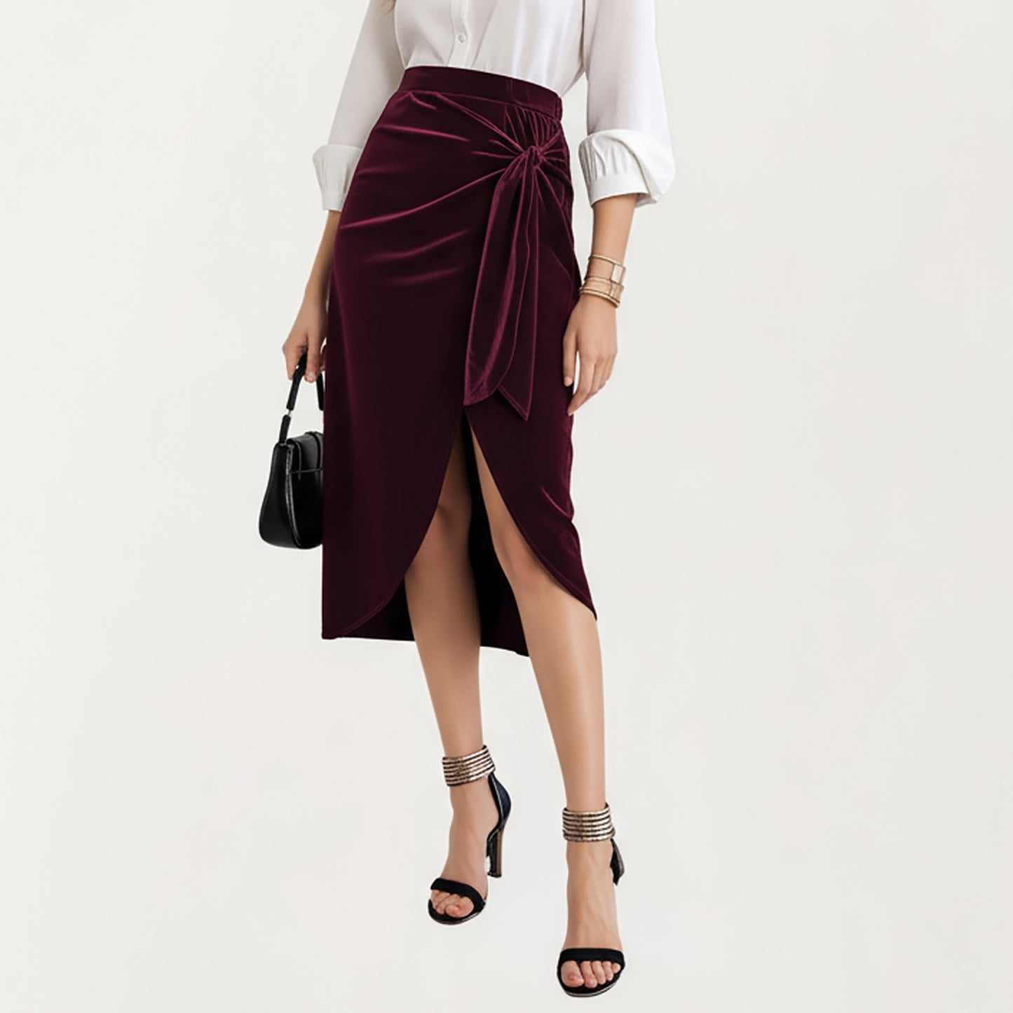 Velvet Wrap Midi Skirt with Soft Draped Texture Elegant Side Tie Detail and Flattering Overlap Front Silhouette