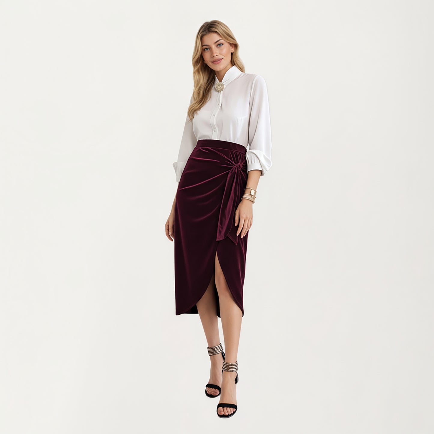 Velvet Wrap Midi Skirt with Soft Draped Texture Elegant Side Tie Detail and Flattering Overlap Front Silhouette
