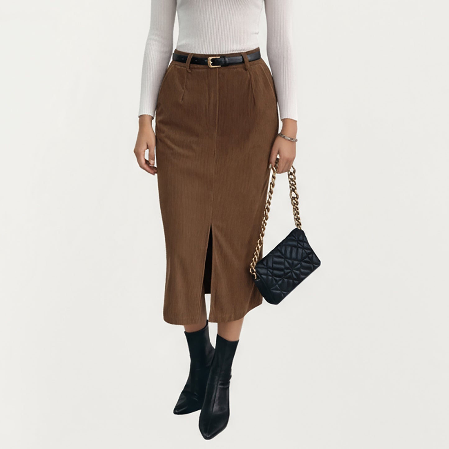 Corduroy Midi Skirt with Soft Ribbed Texture Front Slit Detail and Structured Waistband for a Clean Streamlined Silhouette