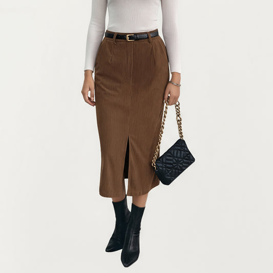 Corduroy Midi Skirt with Soft Ribbed Texture Front Slit Detail and Structured Waistband for a Clean Streamlined Silhouette