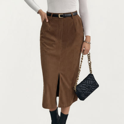 Corduroy Midi Skirt with Soft Ribbed Texture Front Slit Detail and Structured Waistband for a Clean Streamlined Silhouette