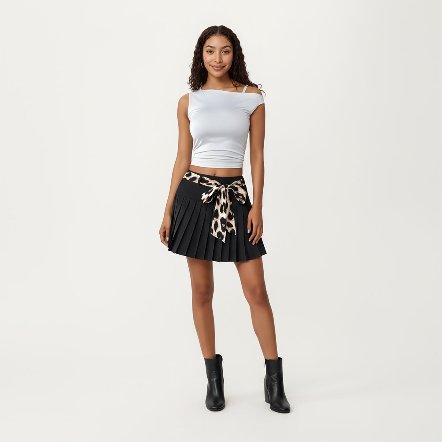 Pleated Skirt with Leopard Print Waist Tie, Smooth Structured Panels and Soft Flexible Fabric for a Flattering Flowing Shape