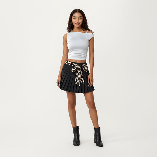 Pleated Skirt with Leopard Print Waist Tie, Smooth Structured Panels and Soft Flexible Fabric for a Flattering Flowing Shape