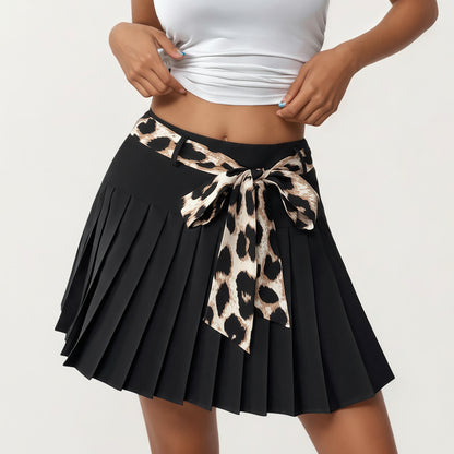 Pleated Skirt with Leopard Print Waist Tie, Smooth Structured Panels and Soft Flexible Fabric for a Flattering Flowing Shape
