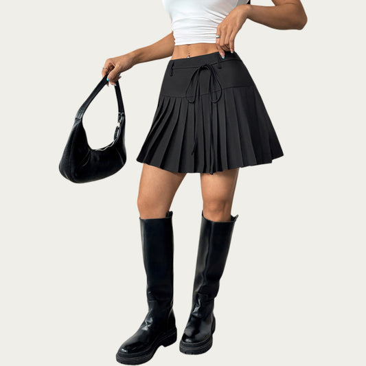 Pleated Mini Skirt with Structured Waistband Adjustable Tie Detail and Crisp Folded Panels for a Clean Flared Silhouette