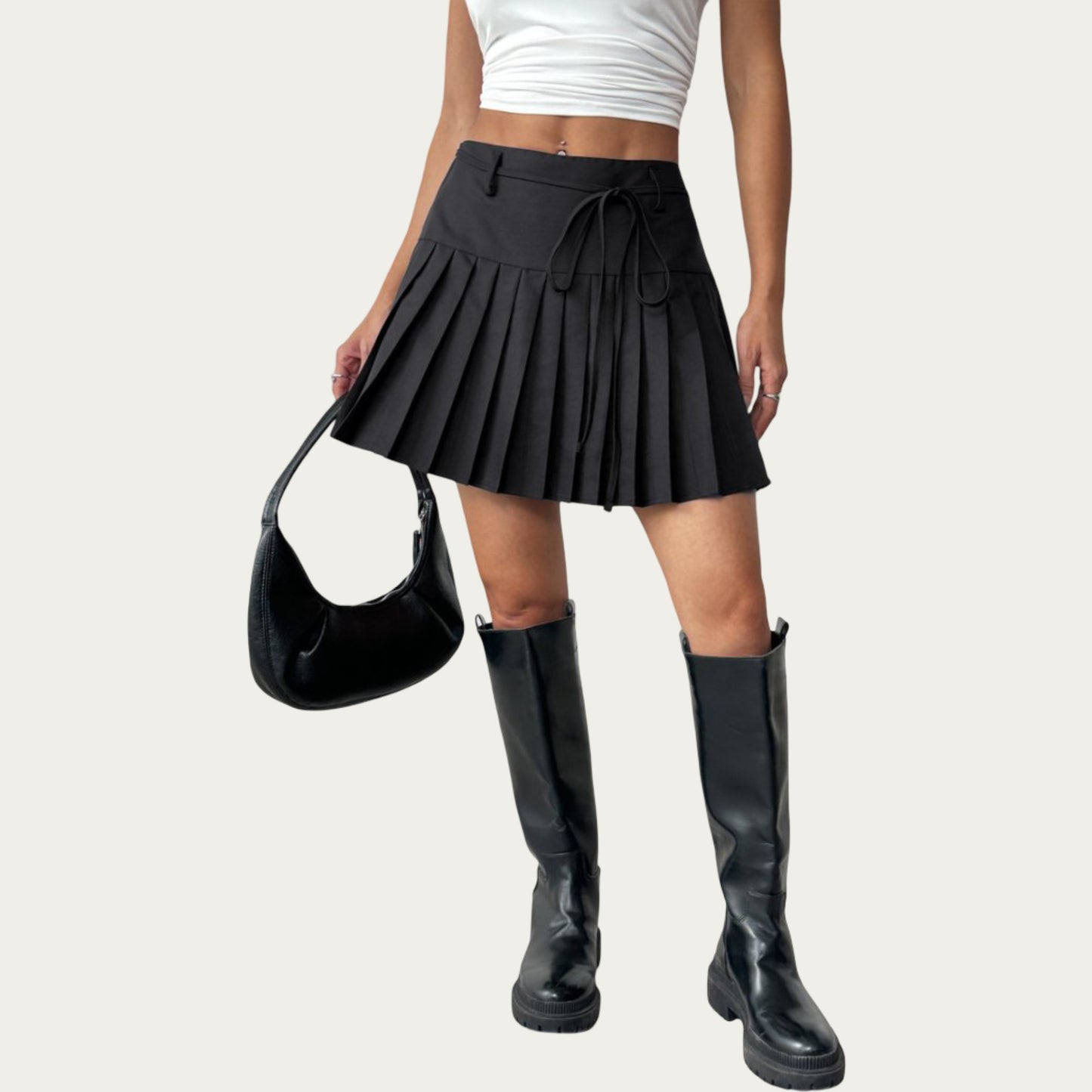 Pleated Mini Skirt with Structured Waistband Adjustable Tie Detail and Crisp Folded Panels for a Clean Flared Silhouette