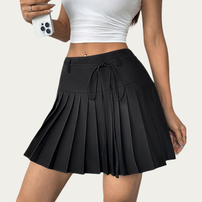 Pleated Mini Skirt with Structured Waistband Adjustable Tie Detail and Crisp Folded Panels for a Clean Flared Silhouette