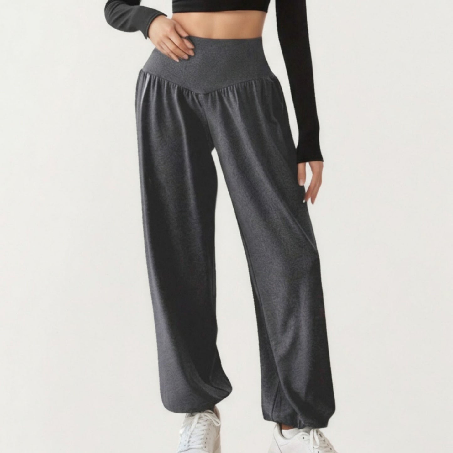 High Waist Wide Leg Lounge Pants with Soft Stretch Fabric Flowing Relaxed Silhouette and Gathered Waistline Detail