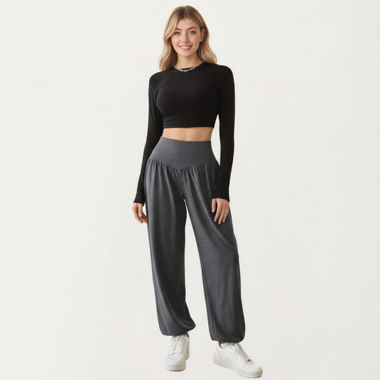 High Waist Wide Leg Lounge Pants with Soft Stretch Fabric Flowing Relaxed Silhouette and Gathered Waistline Detail