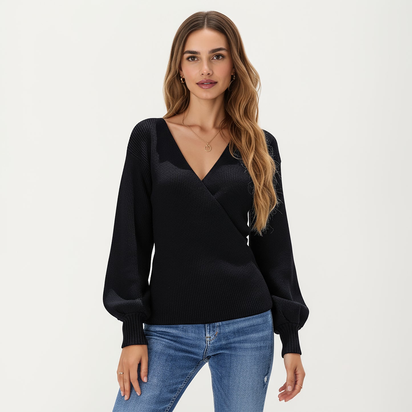 Ribbed Knit Wrap Front Top with Soft Textured Fabric, Long Sleeves and a Flattering V-Neckline for a Smooth Streamlined Look