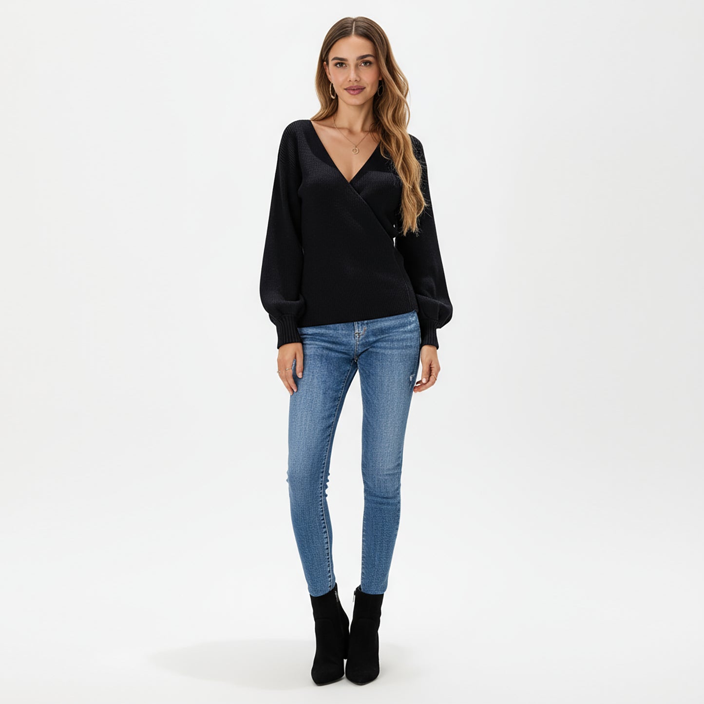 Ribbed Knit Wrap Front Top with Soft Textured Fabric, Long Sleeves and a Flattering V-Neckline for a Smooth Streamlined Look