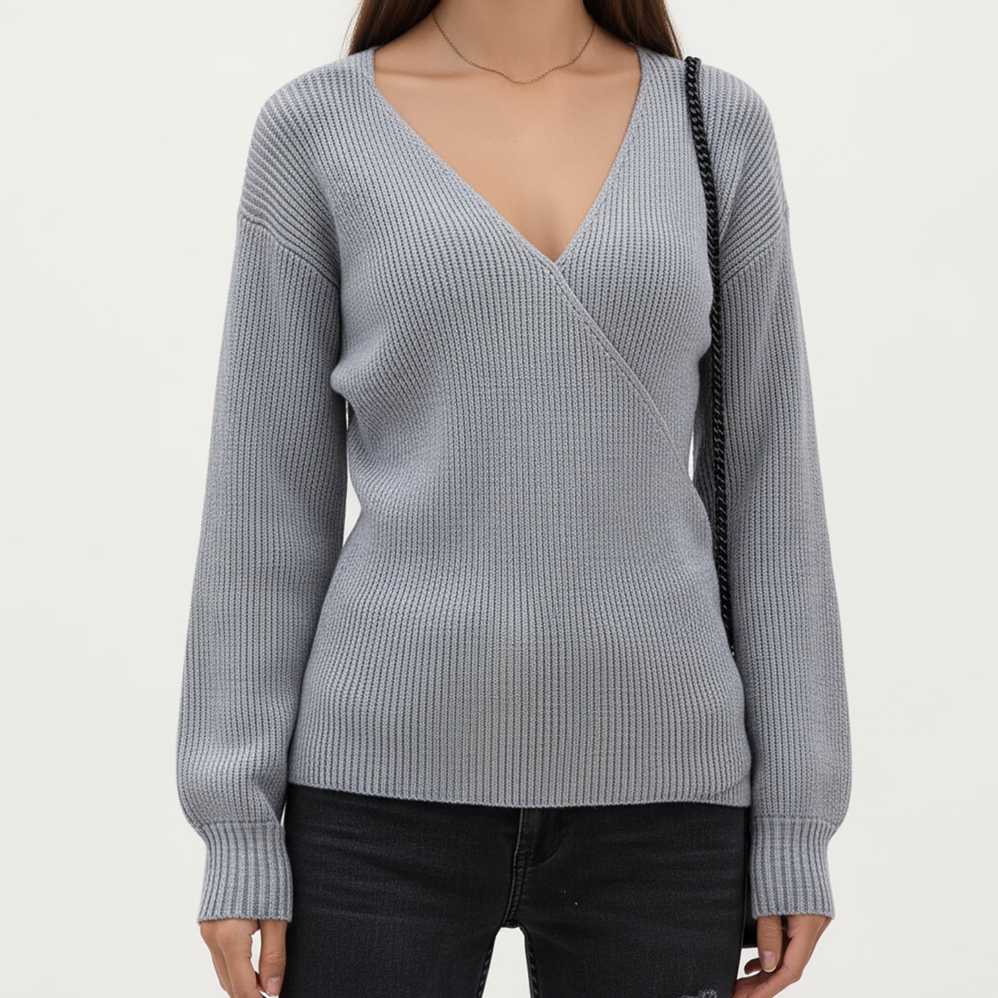 Ribbed Knit Wrap Front Top with Soft Textured Fabric, Long Sleeves and a Flattering V-Neckline for a Smooth Streamlined Look