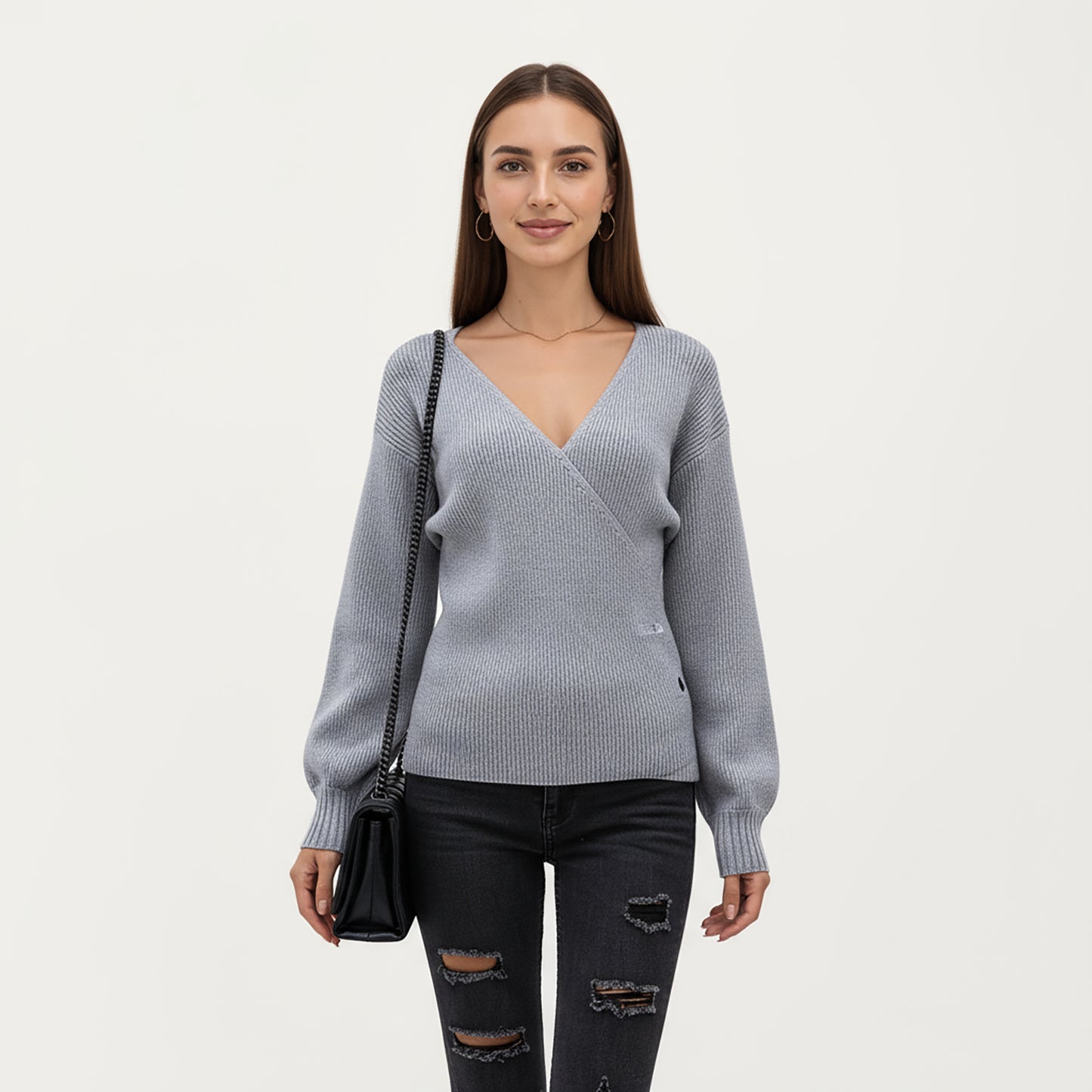 Ribbed Knit Wrap Front Top with Soft Textured Fabric, Long Sleeves and a Flattering V-Neckline for a Smooth Streamlined Look