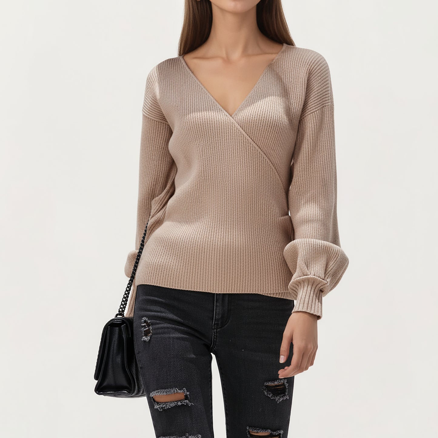 Ribbed Knit Wrap Front Top with Soft Textured Fabric, Long Sleeves and a Flattering V-Neckline for a Smooth Streamlined Look