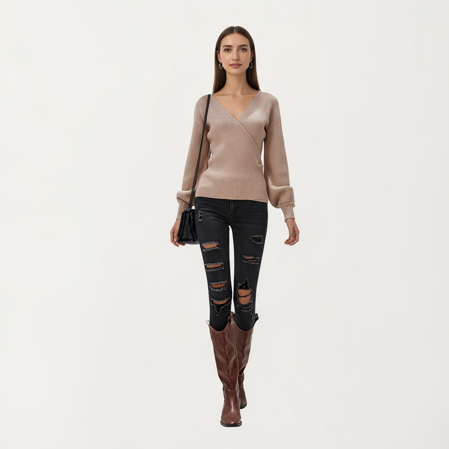 Ribbed Knit Wrap Front Top with Soft Textured Fabric, Long Sleeves and a Flattering V-Neckline for a Smooth Streamlined Look