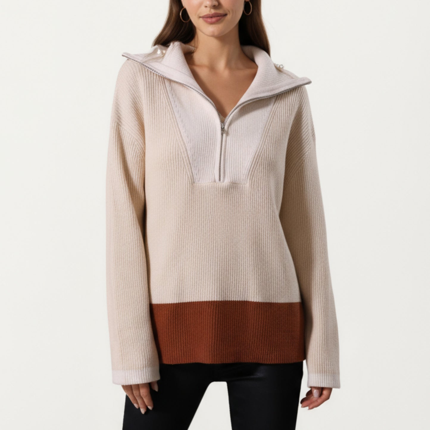 Ribbed Knit Half Zip Top with Soft Textured Fabric, Wide Foldover Collar and Long Sleeves for a Smooth Relaxed Silhouette