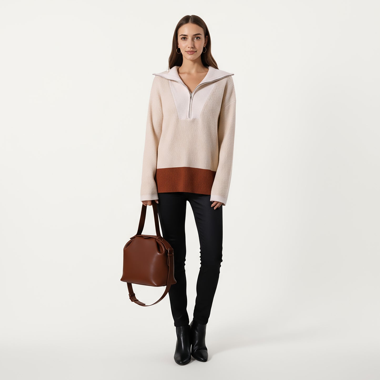 Ribbed Knit Half Zip Top with Soft Textured Fabric, Wide Foldover Collar and Long Sleeves for a Smooth Relaxed Silhouette