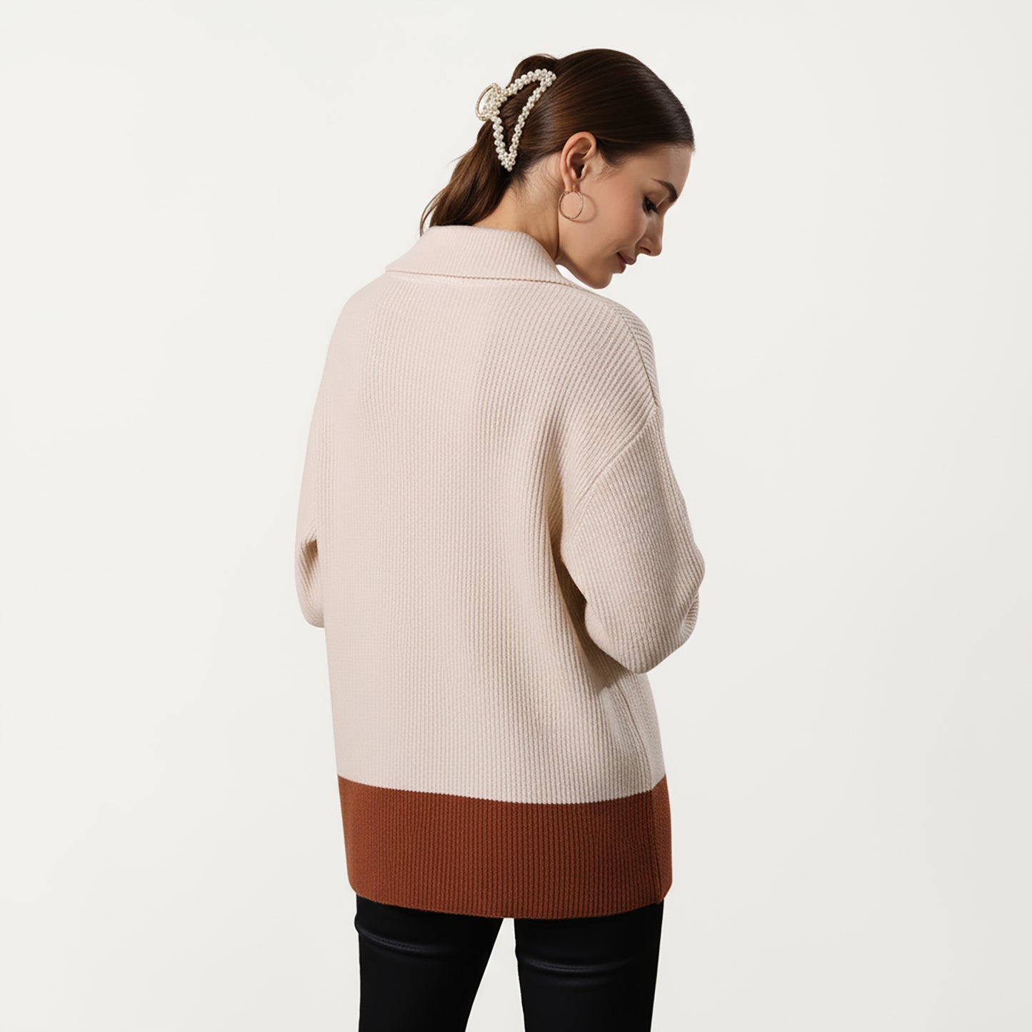 Ribbed Knit Half Zip Top with Soft Textured Fabric, Wide Foldover Collar and Long Sleeves for a Smooth Relaxed Silhouette